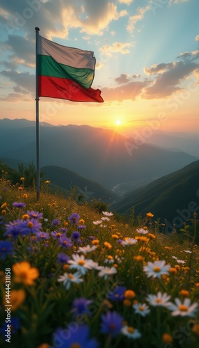Obraz na płótnie Bulgarian Flag Waving Above Mountain Meadow at Sunrise - Symbol of National Pride w salonie