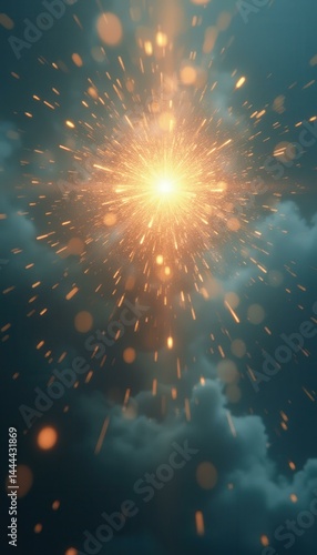 Obraz na płótnie Ethereal Burst: A Cinematic Depiction of Light and Energy Radiating Through Atmospheric Clouds, Sparkling with a Soft, Golden Glow w salonie