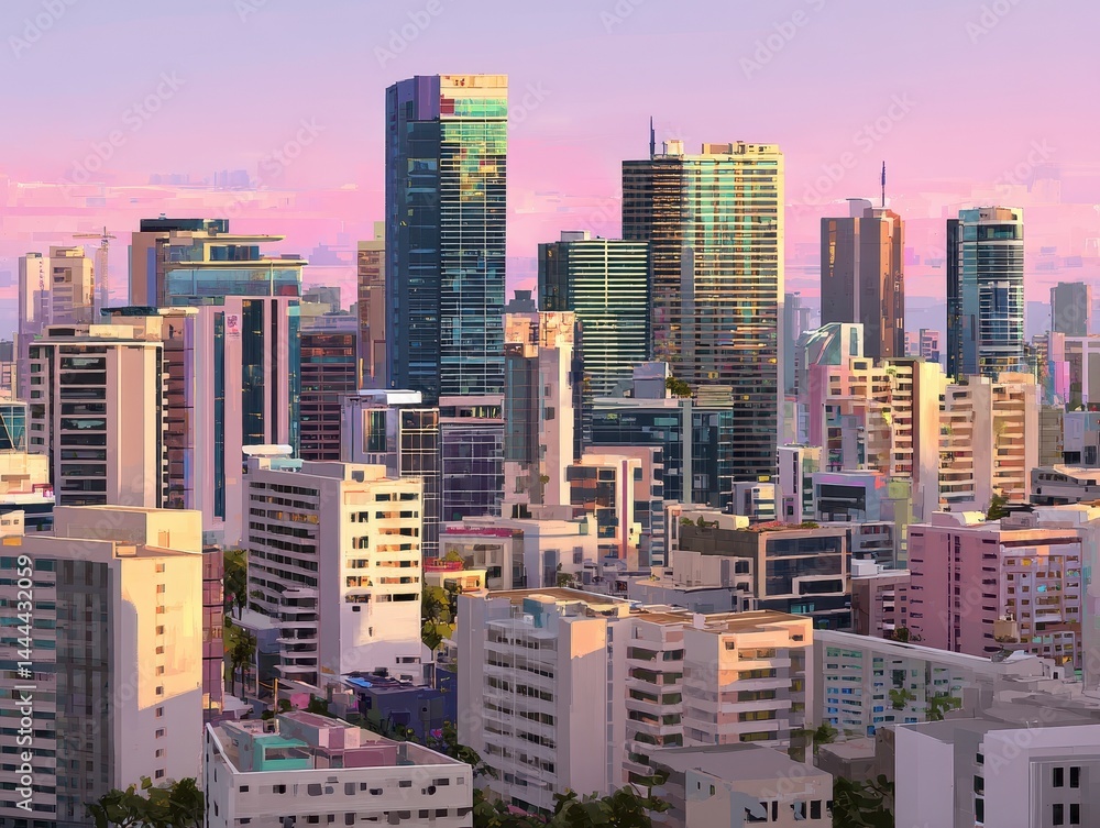 Obraz premium Colorful cityscape view at sunrise over modern structures.