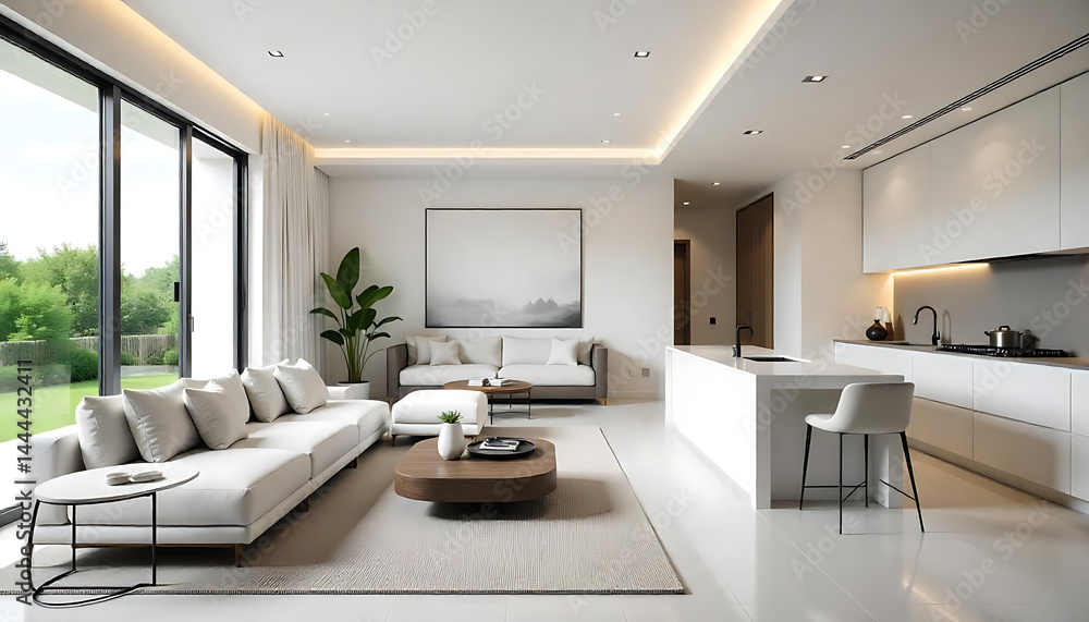 Luxurious interior design living room and white kitchen. Open plan interior. Luxurious interior design living room and white kitchen. Open plan interior.