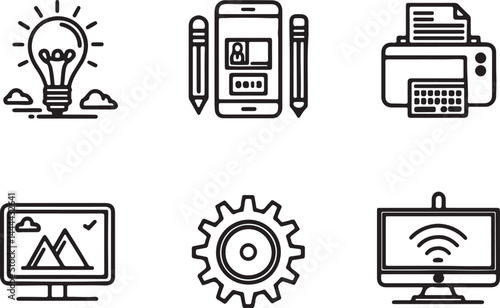 Set of 6 outline icons related to web design and mobile app, print media elements and more. Linear icon collection. Editable stroke line art. Vector illustration.