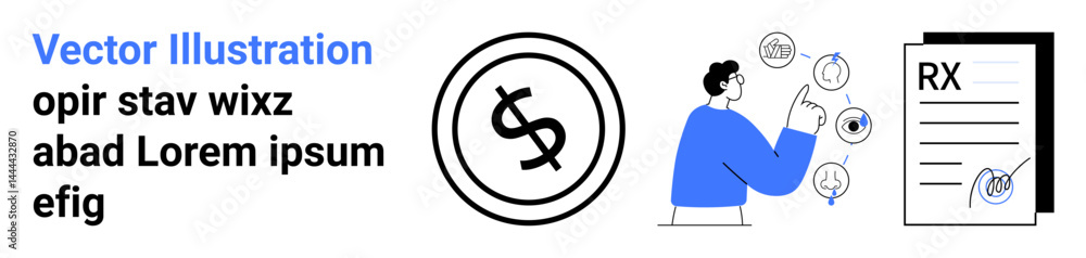 Dollar sign circle, individual evaluating options via icons, RX document on side. Ideal for finance, healthcare, budgeting, investment, decision-making digital strategy education. Abstract line Dollar sign circle, individual evaluating options via icons, RX document on side. Ideal for finance, healthcare, budgeting, investment, decision-making digital strategy education. Abstract line