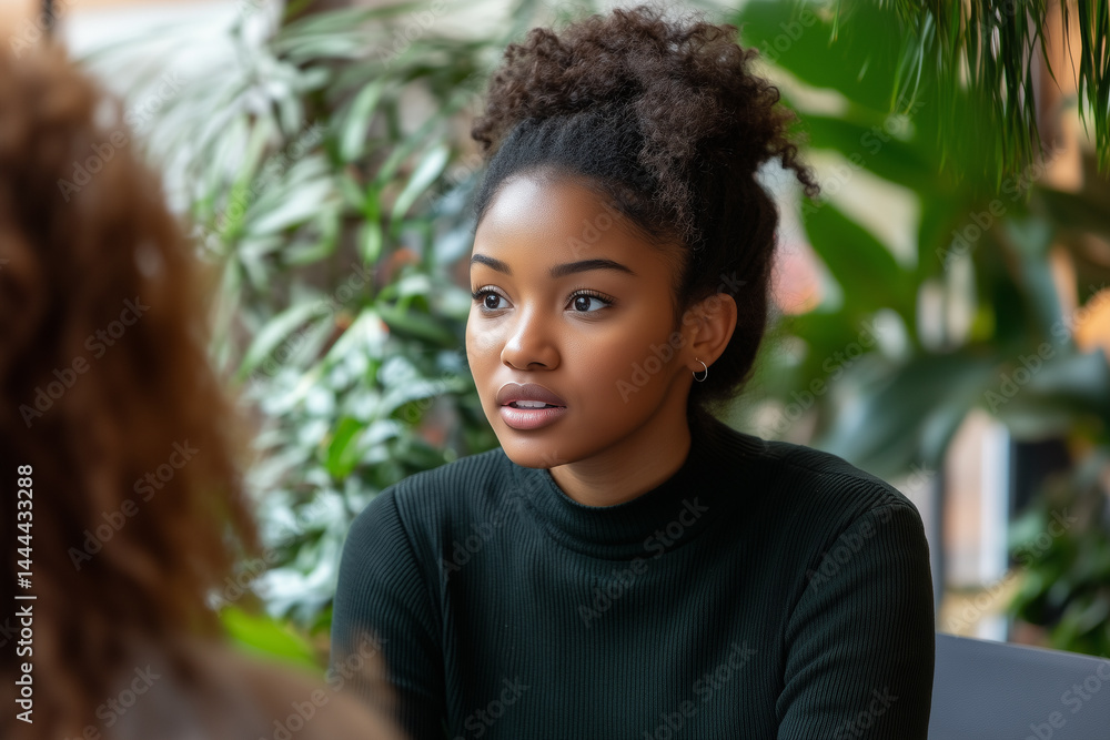 Attentive young woman in serious conversation.