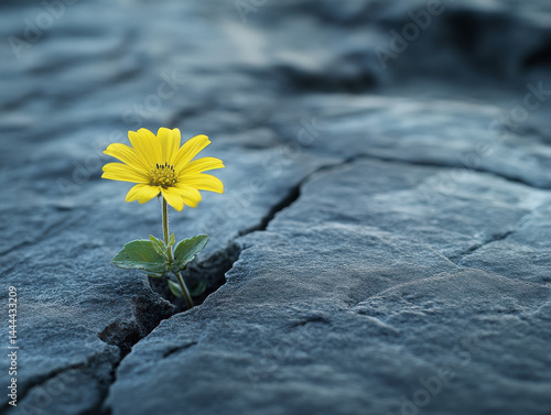 Resilient yellow flower blooms through crack in rocky ground, symbolizing perseverance and strength in adversity. contrast between vibrant flower and rugged surface highlights nature tenacity