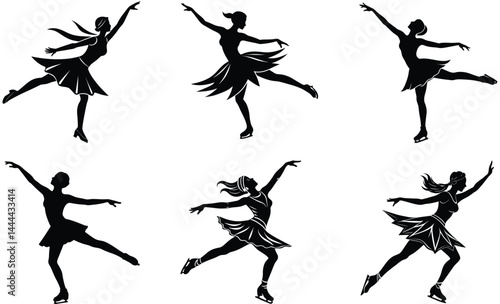 Ice skater spinning silhouette black vector art design set