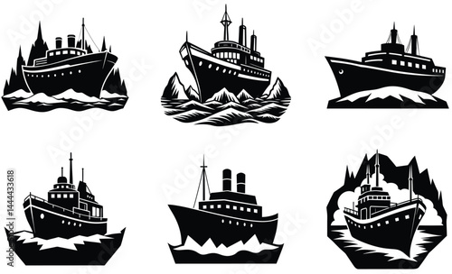 Icebreaker ship in frozen water silhouette vector art set design