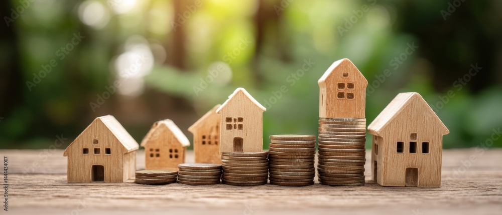 Wooden houses and coins symbolize real estate investment and financial growth against a blurred green background.
