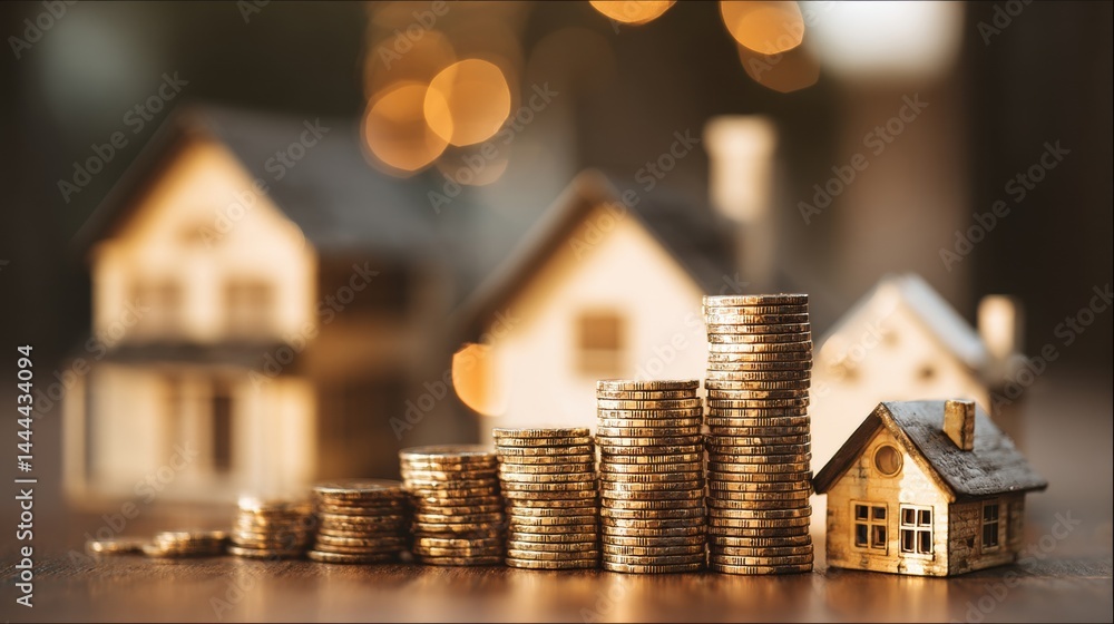 Miniature houses and stacks of coins symbolize real estate investment and financial growth.