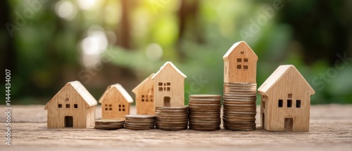 Obraz na płótnie Wooden houses and coins symbolize real estate investment and financial growth against a blurred green background. w salonie