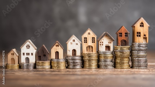 Wooden houses stacked on coins symbolize real estate investment and financial growth in a creative composition.