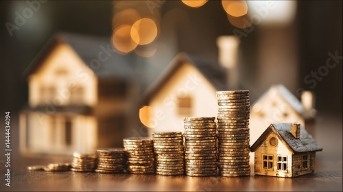 Obraz na płótnie Miniature houses and stacks of coins symbolize real estate investment and financial growth. w salonie