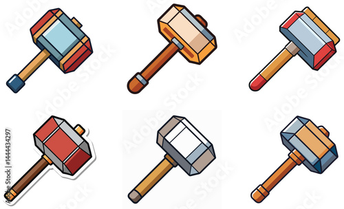 Isometric hammer sticker single object vector art set design