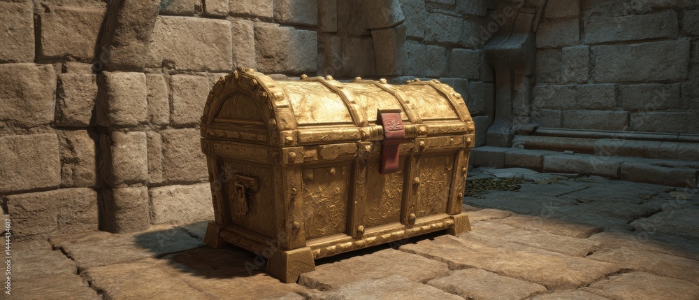 Ancient treasure chest in a dimly lit stone chamber, evoking mystery and adventure.