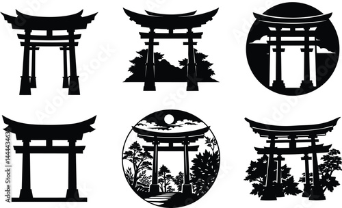 Japanese torii gate silhouette vector art set design