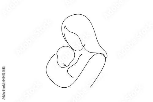 Minimalist line art illustration of mother holding baby with love and care