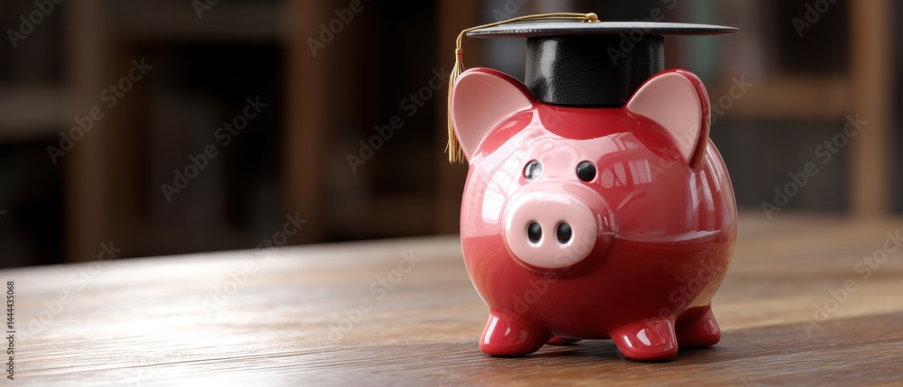 Piggy bank wearing a graduation cap, symbolizing savings and education on a wooden table.