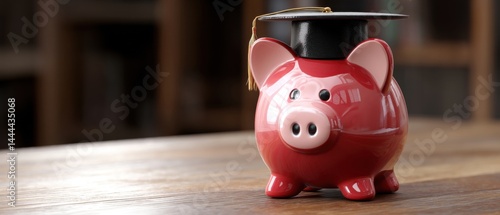 Obraz na płótnie Piggy bank wearing a graduation cap, symbolizing savings and education on a wooden table. w salonie