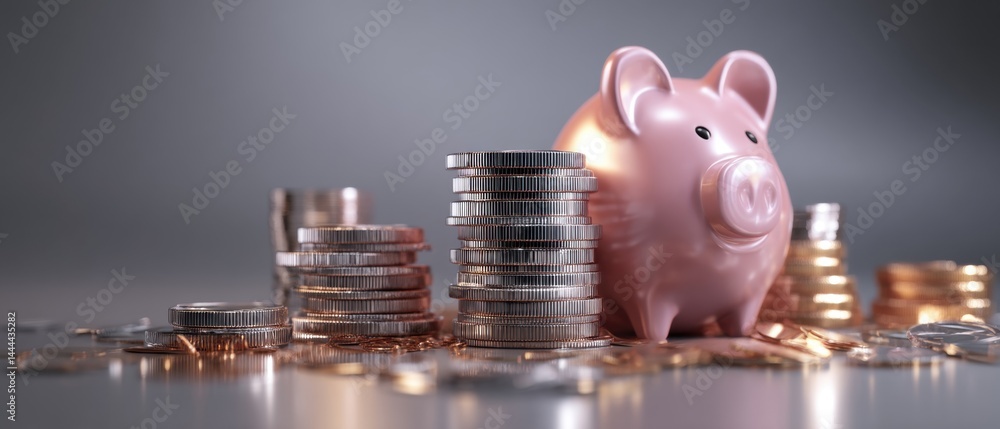 A piggy bank surrounded by coins, symbolizing saving and financial management.
