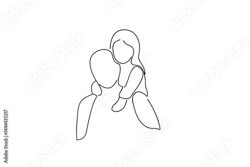 One line drawing of father carrying daughter piggyback love and family bonding