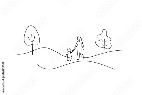 Simple line art illustration mother and child walking in nature together