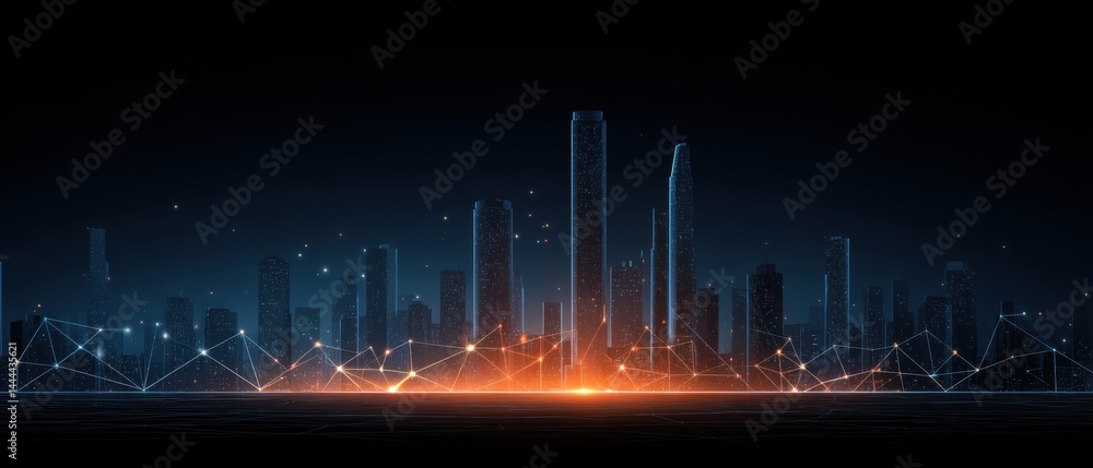 Futuristic city skyline with glowing outlines and geometric shapes against a dark background.
