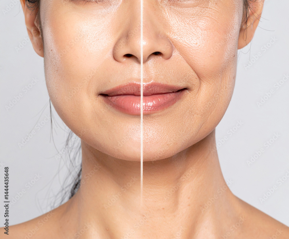 Obraz premium Collage, before after and face of woman for skincare, anti aging and beauty with surgery in studio. Female model, transformation and makeover with treatment. Generated Image