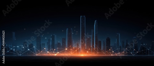 Obraz na płótnie Futuristic city skyline with glowing outlines and geometric shapes against a dark background. w salonie