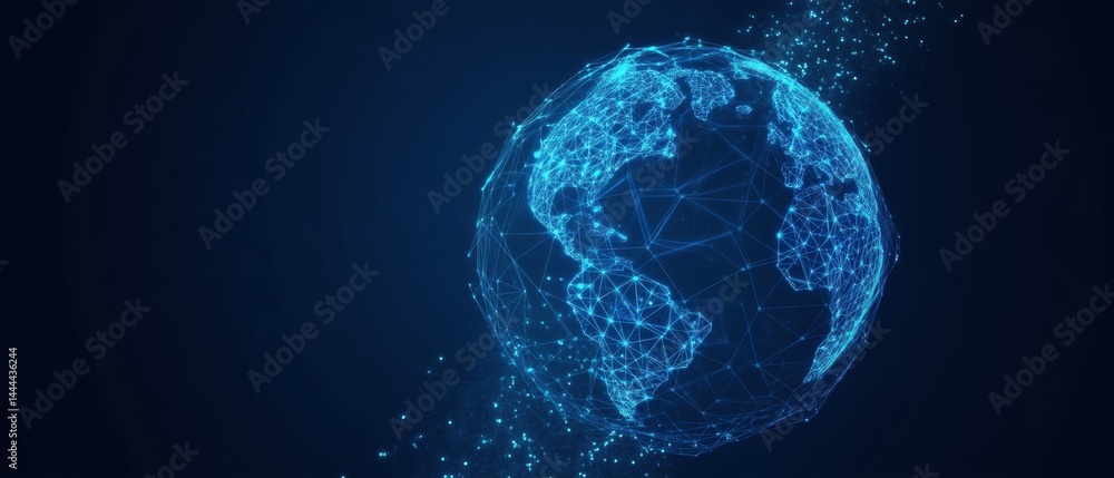 Digital globe representation with interconnected lines against a dark background, symbolizing networking and technology.
