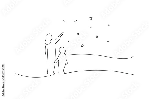 Mother and child stargazing minimalist line art vector illustration night sky