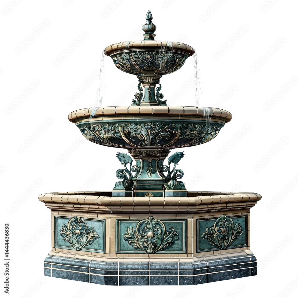 Art Nouveau style fountain, intricate details, isolated on a white background. cutout png