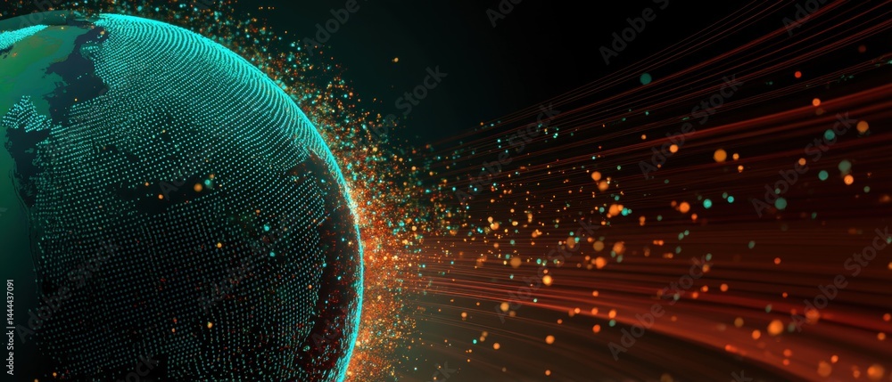 Abstract depiction of a globe with dynamic light particles, symbolizing global connectivity and technology.