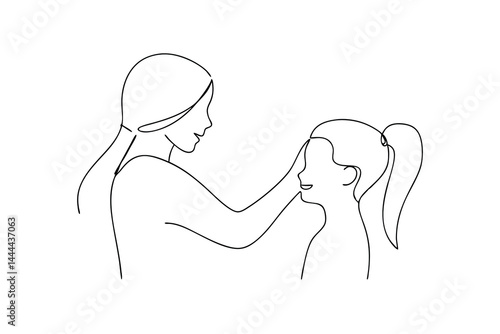 Minimalist illustration of mother combing daughters hair single line art