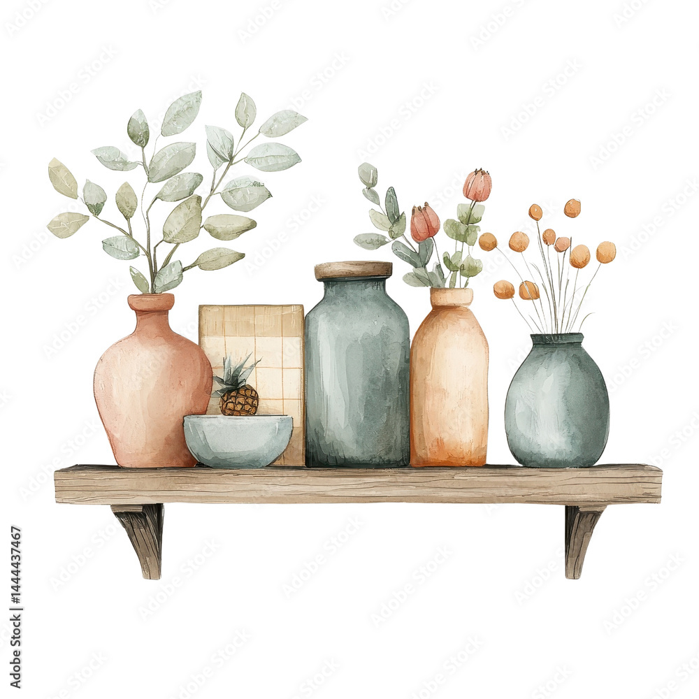 Watercolor style wall shelf, soft tones, isolated on a white background. cutout png