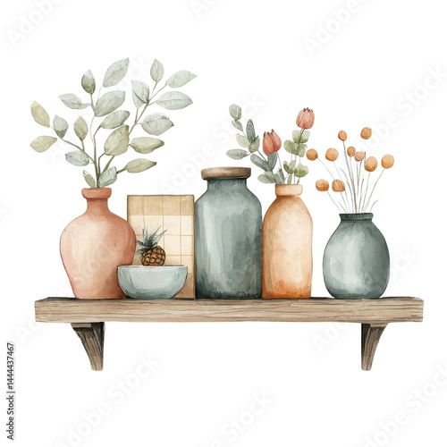 Obraz na płótnie Watercolor style wall shelf, soft tones, isolated on a white background. cutout png w salonie