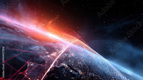 Vibrant cosmic scene depicting Earth with glowing connections and a colorful atmosphere in a starry background.