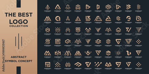 Abstract and minimalist logos collection. Geometric icon elements with golden gradient logos.