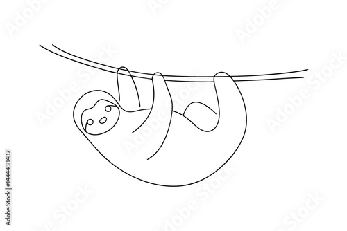 Minimalist line art illustration of a sloth hanging on a branch vector
