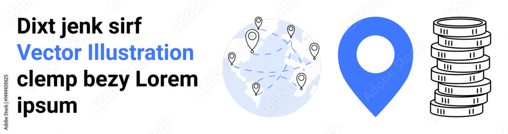 Circular global map with location markers, large blue map pin, stack of coins. Ideal for logistics, navigation, finance, economy, planning, global trade simple landing page Circular global map with location markers, large blue map pin, stack of coins. Ideal for logistics, navigation, finance, economy, planning, global trade simple landing page