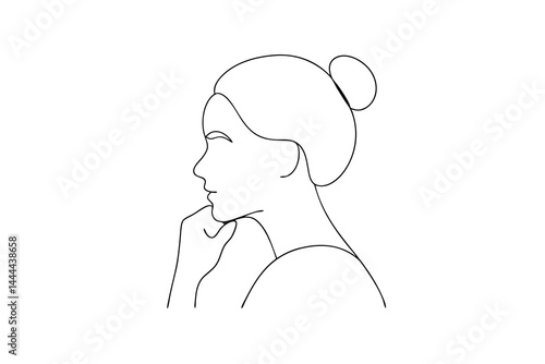 Continuous line drawing of a woman posing with hair bun hairstyle in white background
