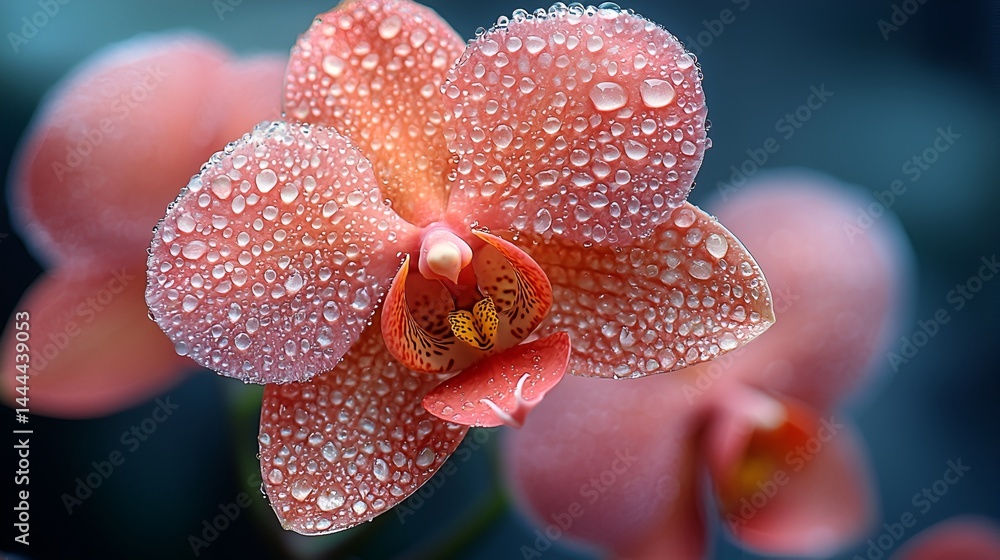 Close-up of a dew-covered peach orchid. Close-up of a dew-covered peach orchid.