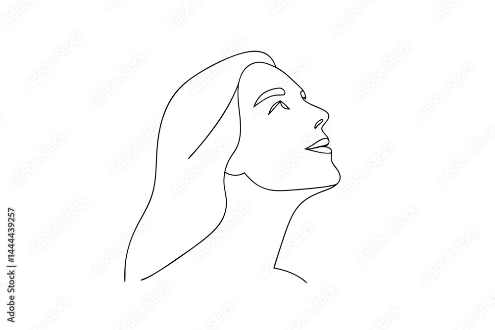 Minimalist line art portrait of a serene woman looking upward in peace Minimalist line art portrait of a serene woman looking upward in peace