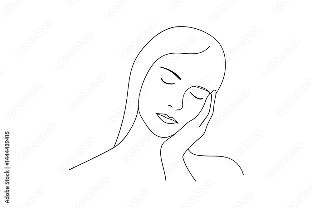 Minimalist line art portrait of a sleeping woman holding her face Minimalist line art portrait of a sleeping woman holding her face