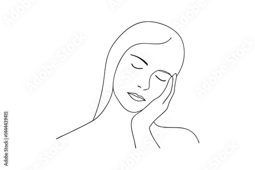 Minimalist line art portrait of a sleeping woman holding her face