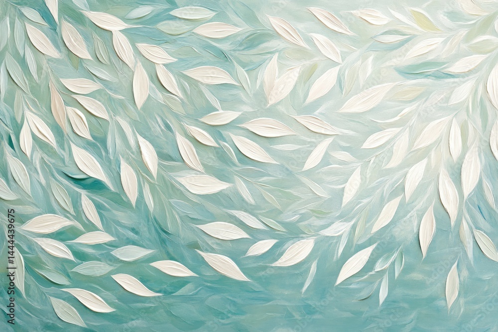 Abstract artwork featuring light teal background with numerous flowing, textured white leaves Abstract artwork featuring light teal background with numerous flowing, textured white leaves