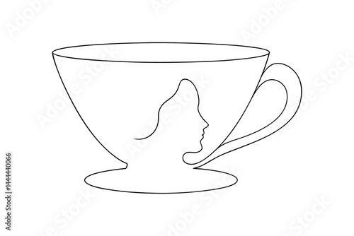 Minimalist line art coffee cup with female silhouette profile illustration