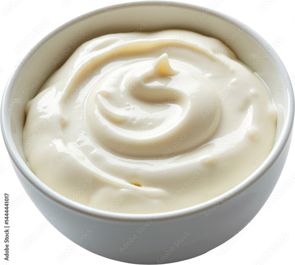 High-resolution image of a pristine white ceramic bowl filled with creamy sour cream, isolated on transparent background for food packaging and culinary use. High-resolution image of a pristine white ceramic bowl filled with creamy sour cream, isolated on transparent background for food packaging and culinary use.