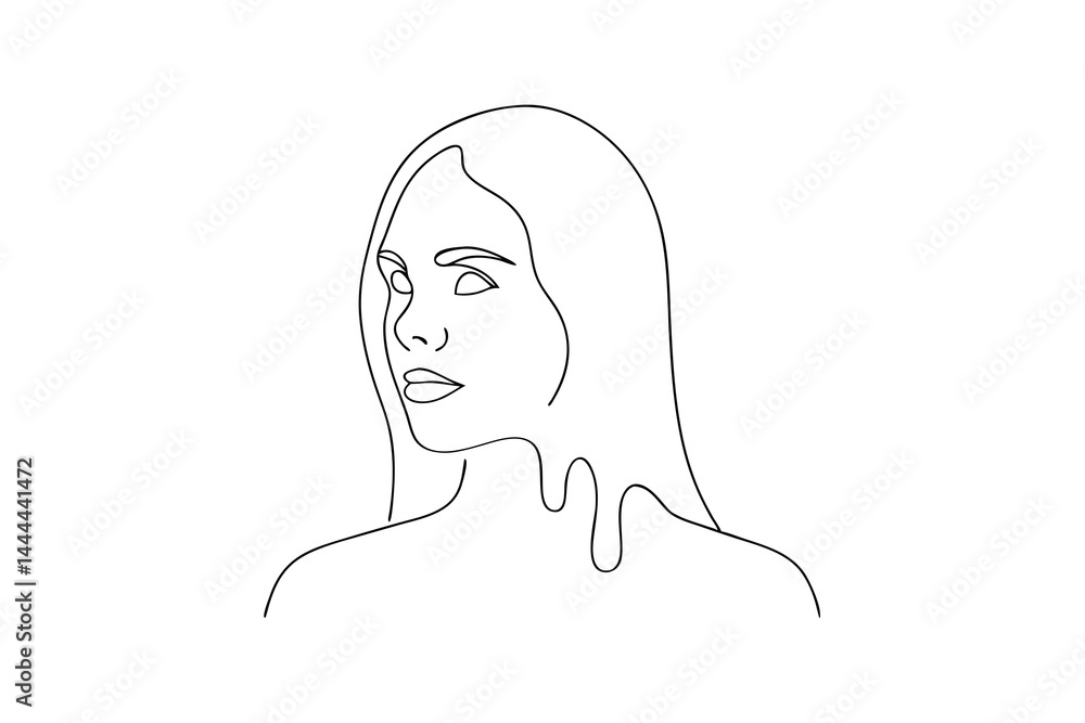 Minimalist female portrait continuous line drawing of woman with long hair Minimalist female portrait continuous line drawing of woman with long hair