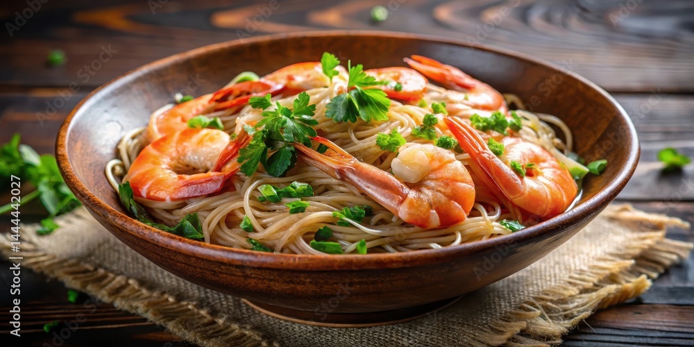 Steaming hot stir-fried vermicelli noodles with succulent shrimp in a savory sauce, garnished with fresh cilantro and scallions, garnish, Asian food Steaming hot stir-fried vermicelli noodles with succulent shrimp in a savory sauce, garnished with fresh cilantro and scallions, garnish, Asian food