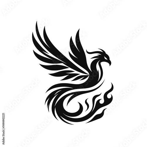 Black phoenix silhouette with flames in dynamic design  