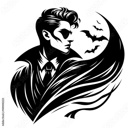Mysterious man gazing with bats and moon in dark style  
